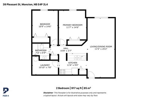 Floor plan for 2 beds, 1 bath, 917 sqft